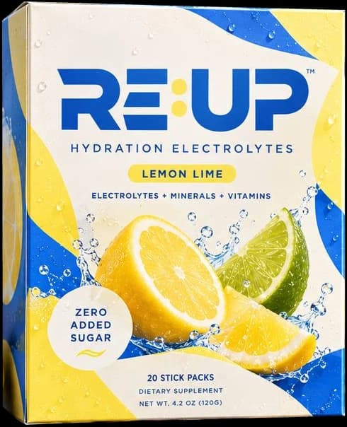 RE:UP Lemon Lime retail box containing 20 individually wrapped stick packs